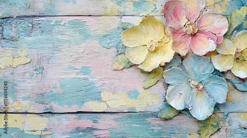 Painted Flowers on Weathered Wooden Background