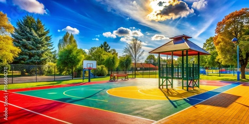 Park amenities: basketball, picnic, playground,  AI-powered photos.