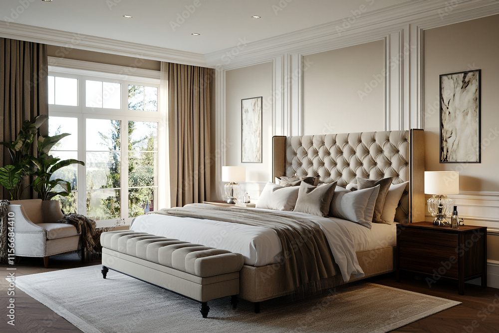 Elegant bedroom design featuring luxurious furnishings and natural light. Elegant bedroom design featuring luxurious furnishings and natural light.
