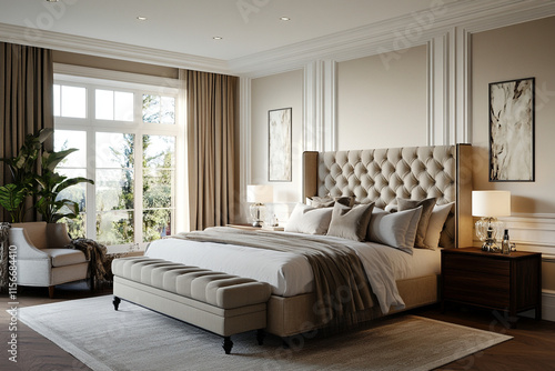 Elegant bedroom design featuring luxurious furnishings and natural light.