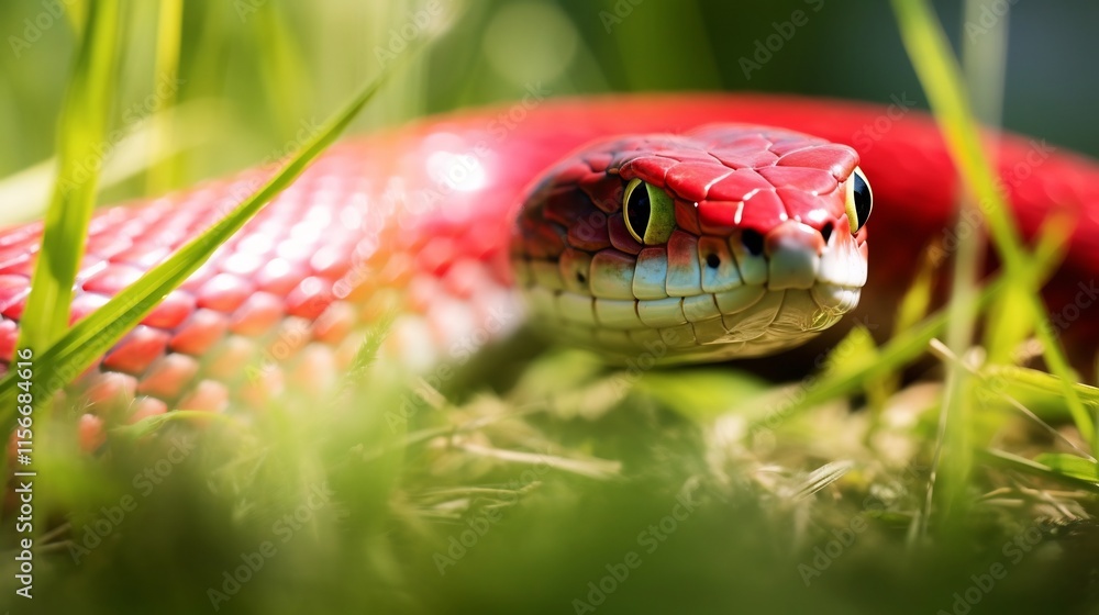 Obraz premium Vibrant scarlet colored snake slithering gracefully through the lush green grass on a bright sunny day Capturing the natural beauty and tranquility of the serene outdoor environment