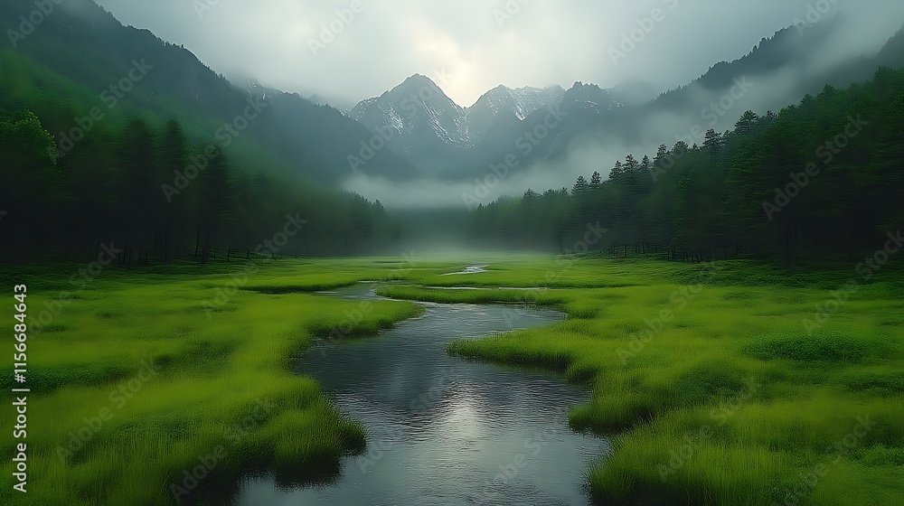 Obraz premium Misty mountain valley with green meadow and stream.