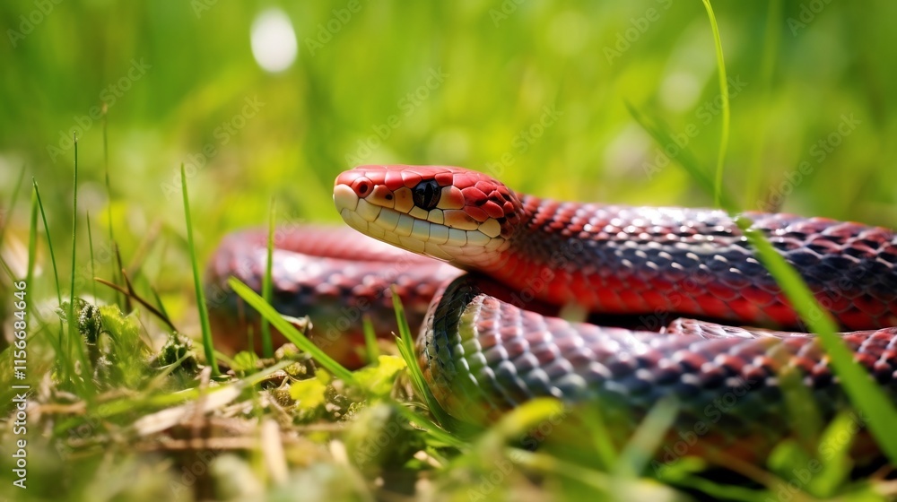 Fototapeta premium Vibrant Scarlet Snake Gliding Gracefully Through Bright Green Grass Field on a Warm Sunny Day in a Natural Outdoor Setting