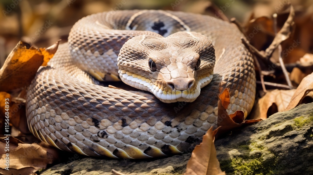 Obraz premium Timber Rattlesnake Coiled and Blending Seamlessly with the Rocky Textured Ground in Its Natural Desert Habitat