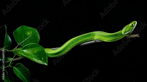 Elegant green vine snake coiled gracefully on a thin twig its slender body poised and camouflaged in the lush tropical foliage of its natural habitat photo