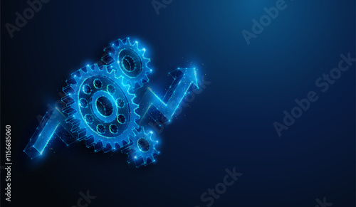 Abstract illustration of low poly gears over arrow up symbol. Geometric background depicting engineering development and manufacturing industry market growth financial concept by wireframe mesh