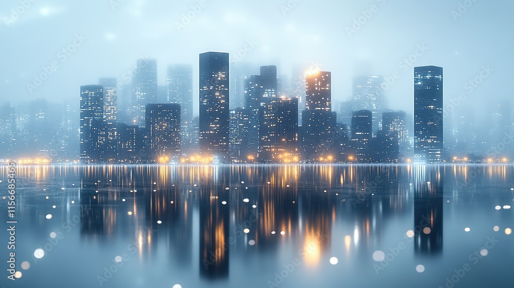 Fototapeta premium A misty city skyline reflected in water, illuminated by soft lights at dusk.