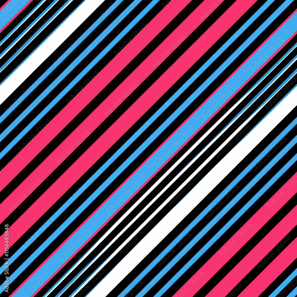 Obraz premium A vibrant pattern of diagonal stripes in pink, blue, black, and white, creating a dynamic visual effect.