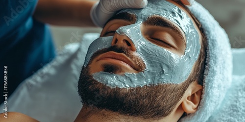 Man receiving a facial treatment while enjoying a facial mask application from a skilled female skin care therapist, emphasizing the rejuvenating effects of the facial treatment. photo