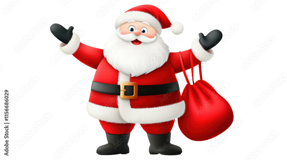 Fototapeta premium Cheerful cartoon Santa Claus with red bag spreading holiday joy and happiness