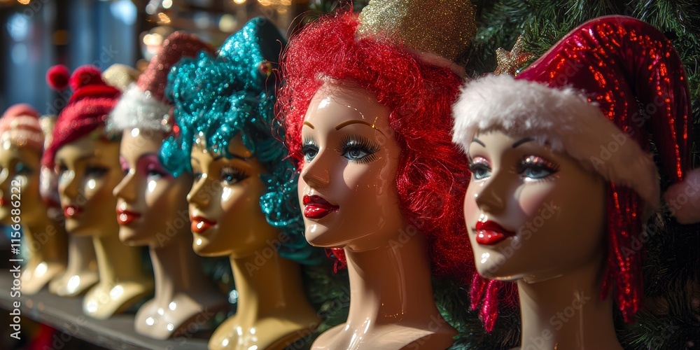 Fototapeta premium Christmas Toy Store. Vibrant mannequin heads designed for festive holiday shop decorations. Perfect for enhancing the cheerful atmosphere of the season!