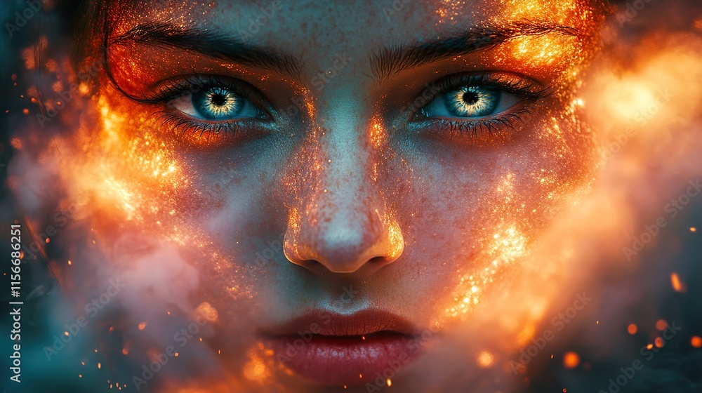 Naklejka premium Fiery Woman: A Mystical Portrait of Power and Beauty