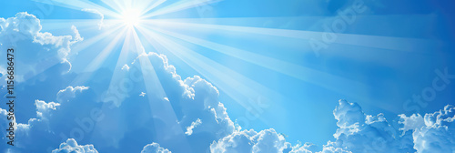 Radiant Blue Sky Background: Sun and White Cloud with Shining Rays, Perfect for Creating Inviting Visuals