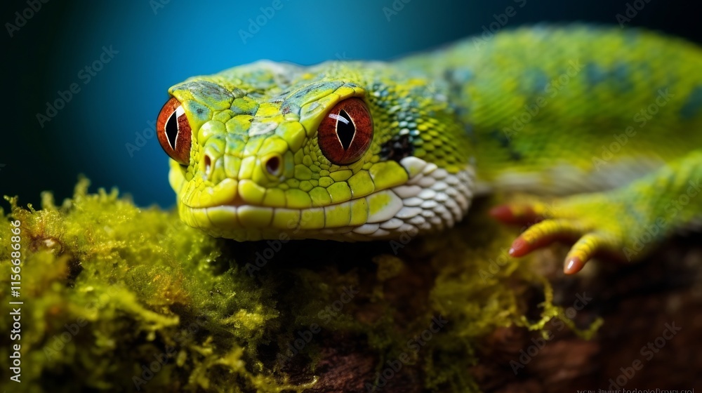 Closeup view of a green bush viper coiled around a moss covered tree branch in a natural forest environment The snake s vibrant scales and intricate patterns are clearly visible Closeup view of a green bush viper coiled around a moss covered tree branch in a natural forest environment The snake s vibrant scales and intricate patterns are clearly visible