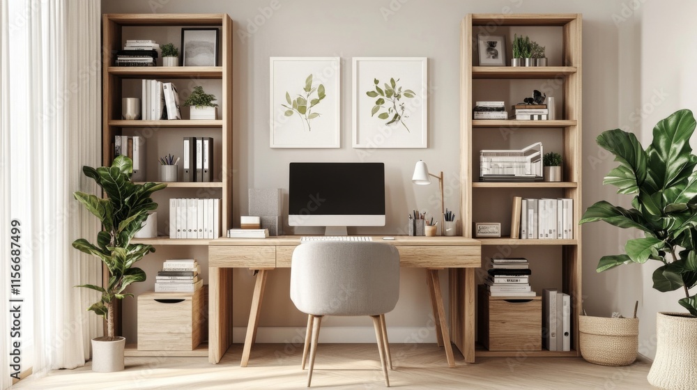 Modern Home Office with Wooden Desk, Bookshelves, Computer Design scandinavian interior Modern Home Office with Wooden Desk, Bookshelves, Computer Design scandinavian interior