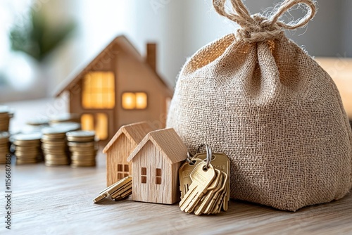 Money bag and wooden houses with keys for Secure collateral loans concept