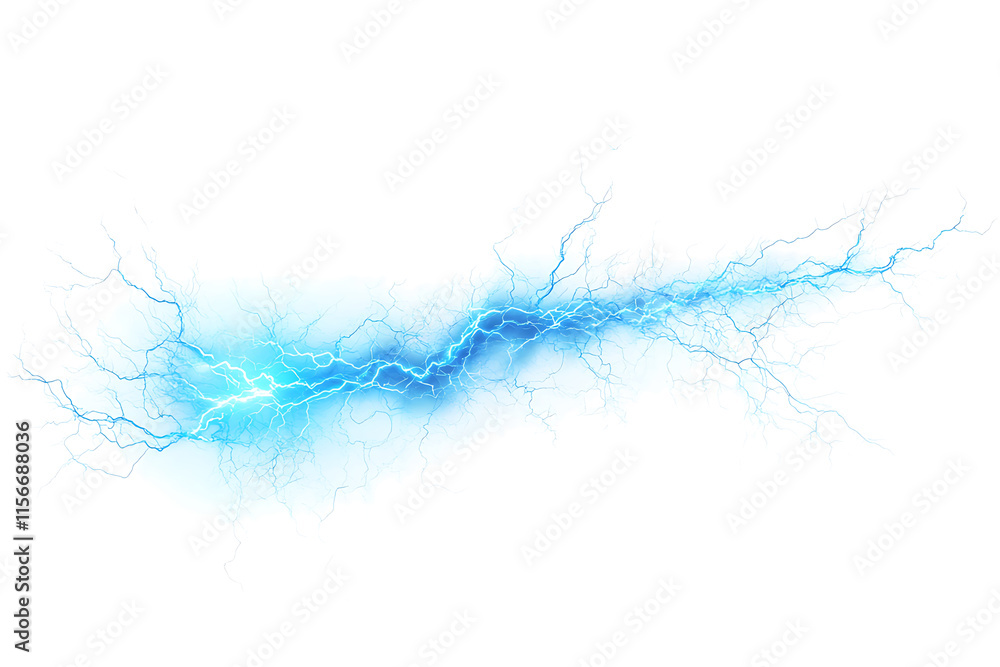 Obraz premium Electric lightning bolt with bright blue energy striking across isolated on PNG