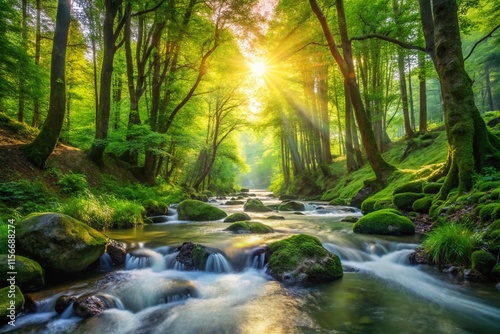 Sunlit Forest Stream, Lush Green Woods, Flowing Water, Nature Photography