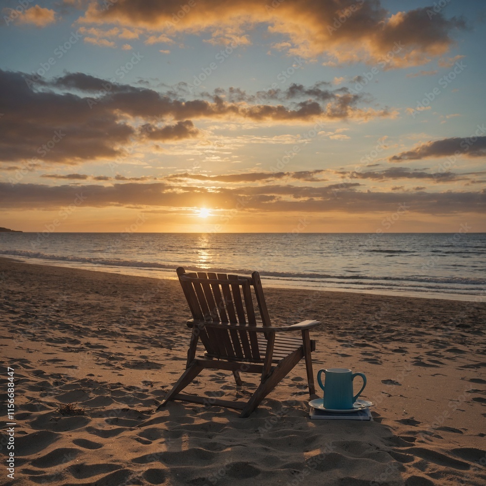 A peaceful beach scene at sunset with a single chair and a book resting on it. A peaceful beach scene at sunset with a single chair and a book resting on it.
