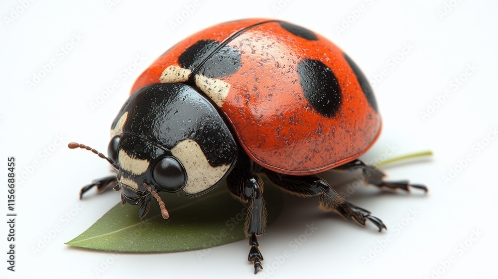 Close-up of a ladybug on a green leaf against a white background.