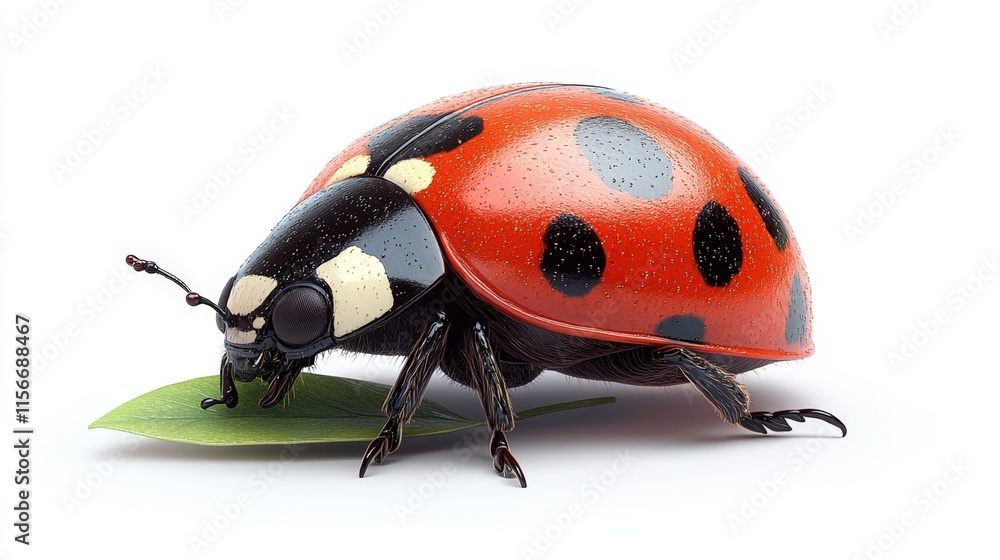 Fototapeta premium Close-up of a ladybug on a green leaf, isolated on white background.