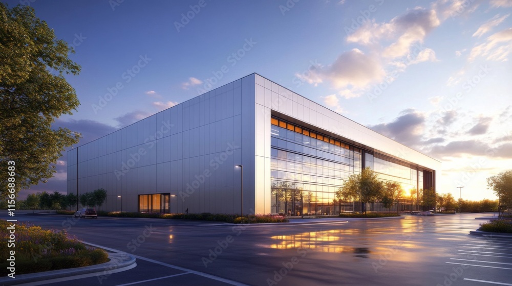Modern industrial building in 3D rendering, with white new factory Modern industrial building in 3D rendering, with white new factory