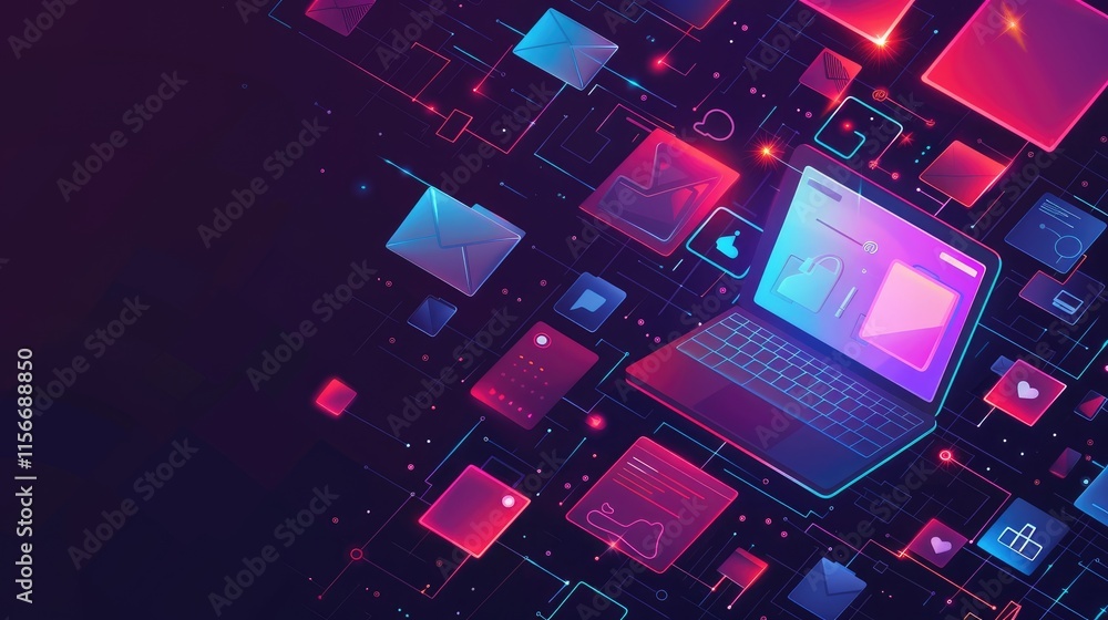 A digital illustration of a laptop surrounded by icons representing technology and communication. A digital illustration of a laptop surrounded by icons representing technology and communication.