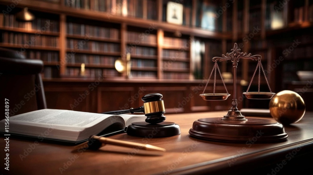 Serene Judicial Desk with Gavel, Scales, and Globe, law legal technology concept Serene Judicial Desk with Gavel, Scales, and Globe, law legal technology concept