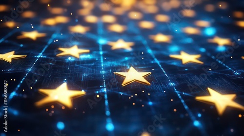 Golden stars glowing on a dark blue digital background.