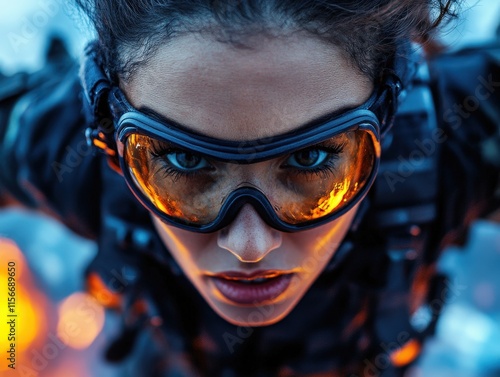 A close-up of a determined woman in tactical gear showcases her intense focus, symbolizing bravery and strength, capturing the essence of human resilience in challenging moments. photo