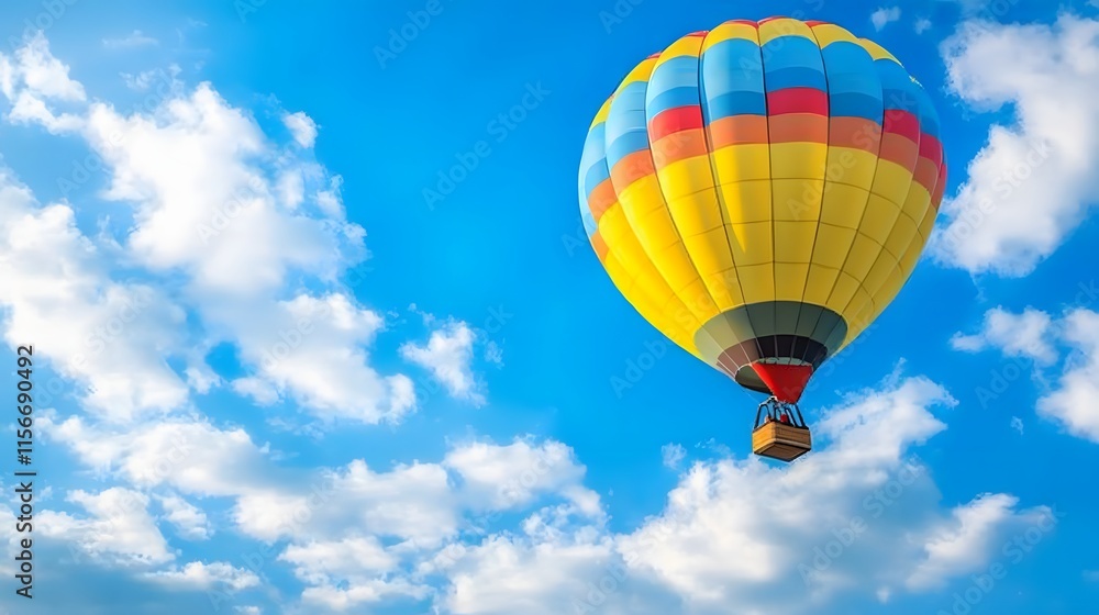 Fototapeta premium Colorful Hot Air Balloon Soaring Through a Bright Blue Sky