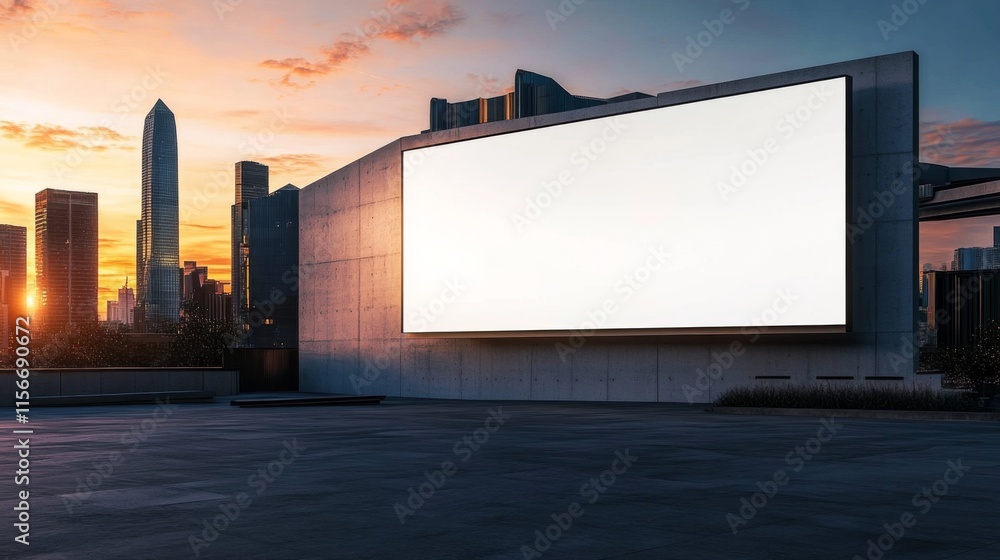 Obraz premium Urban Sunrise: Modern Building with White Billboard, Concrete Large billboard advertisement mockup