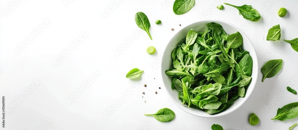 Obraz premium Fresh Arugula and Spinach Salad in a Bowl Surrounded by Leafy Greens with Space for Spring Recipe Text or Branding