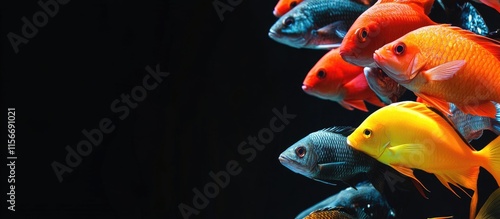 Vibrant Assorted Fish Collection Displayed Against Dark Background with Space for Marketing Text or Promotions. photo