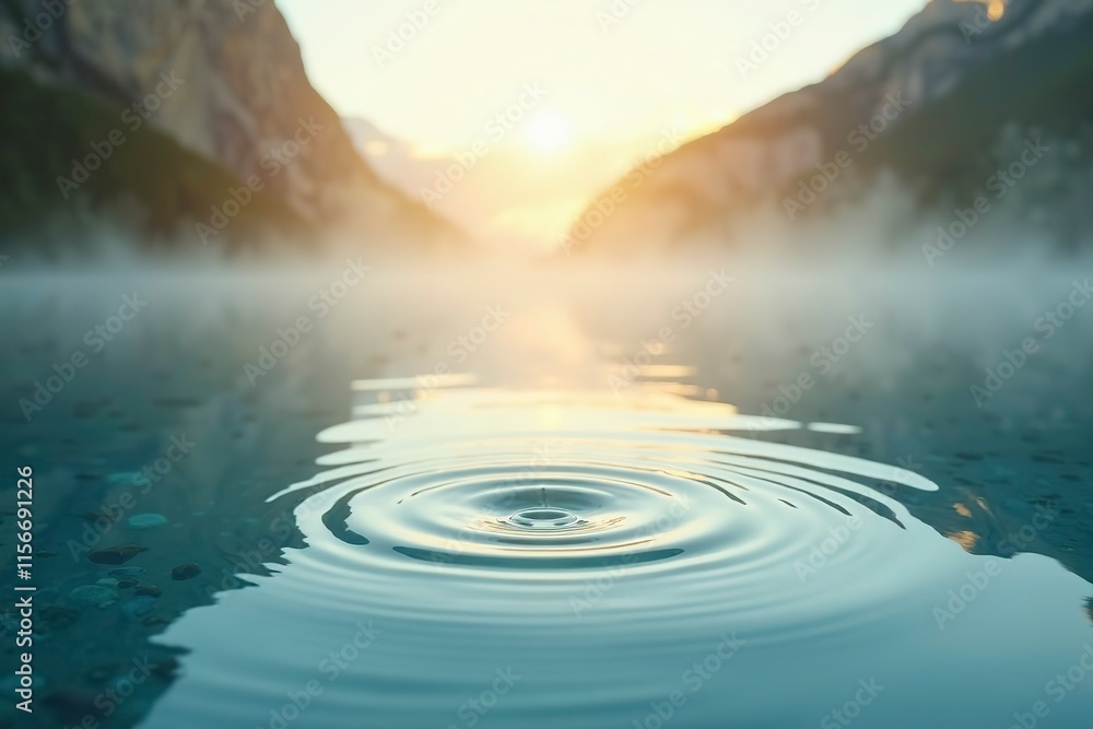Naklejka premium Serene sunlit water surface with gentle ripples, reflecting golden hues of the sky, surrounded by a dreamy misty background, evoking a tranquil and meditative atmosphere.