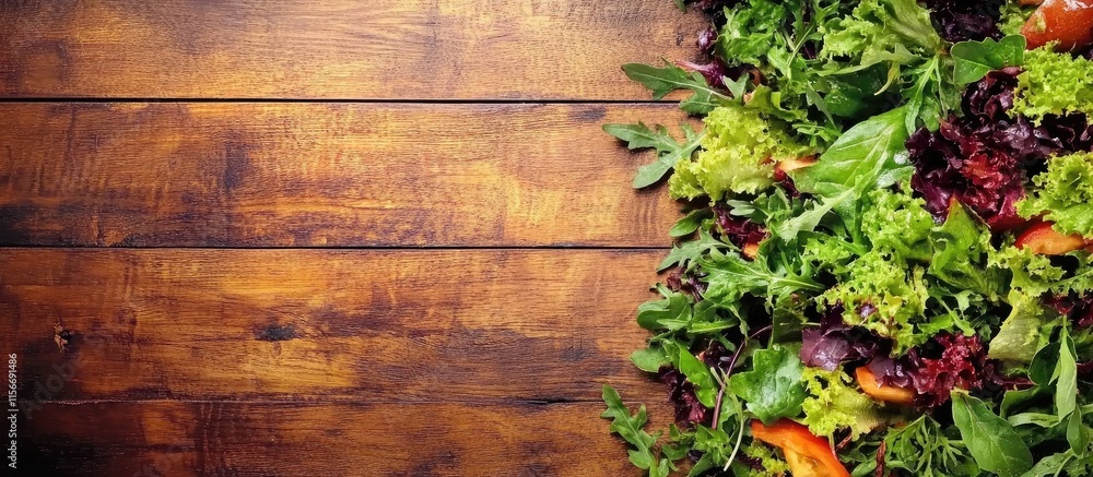 Vibrant mixed salad on rustic wooden background with ample space for text Stylish healthy food backdrop for promotions or advertisements Vibrant mixed salad on rustic wooden background with ample space for text Stylish healthy food backdrop for promotions or advertisements