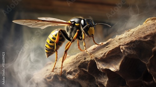 Closeup of a Wasp Building Its Nest Under a Wooden Eave Caught in the Middle of the Construction Process  The Insect s Industrious Behavior and the Intricate photo