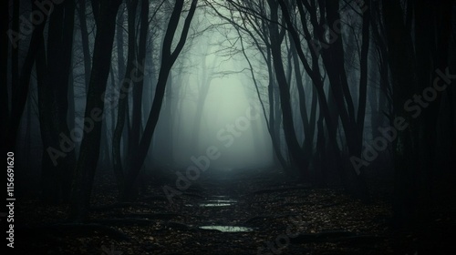 Fototapeta Naklejka Na Ścianę i Meble -  Foggy forest path with tall trees and mysterious Spooky misty