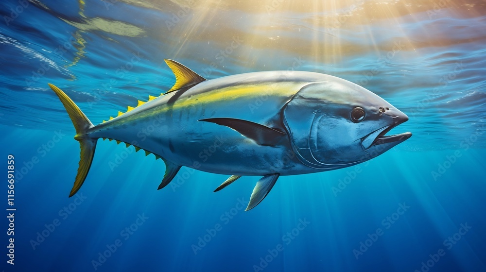 Fototapeta premium Ethereal Yellowfin Tuna Gliding Through Crystalline Ocean Depths A captivating close up view of a majestic yellowfin tuna swimming gracefully through the crystal clear waters of the vast blue ocean
