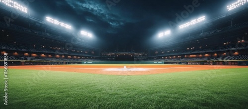 Nighttime Baseball Stadium with Empty Seats on Artificial showcases a field