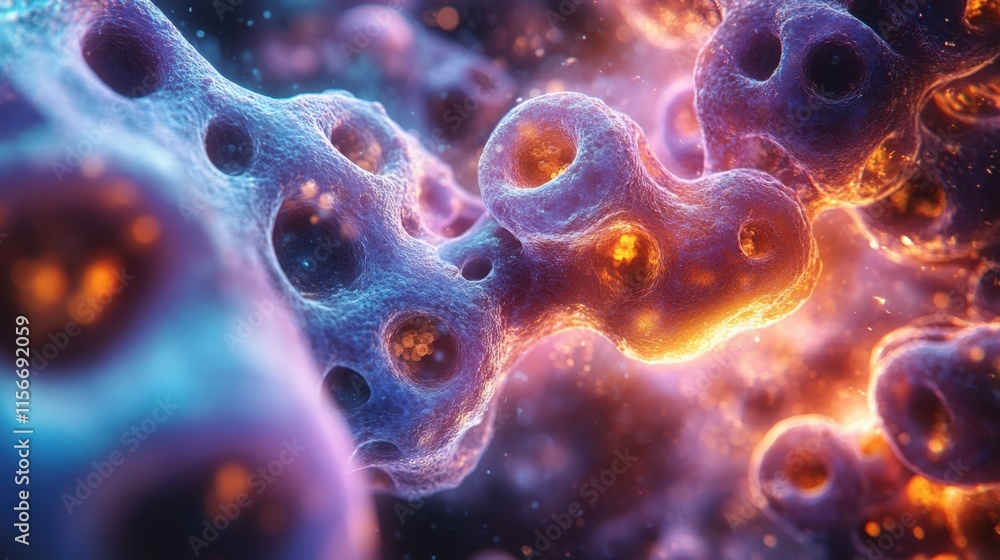 Abstract 3D render of glowing, porous, interconnected structures resembling cells or microscopic organisms. Abstract 3D render of glowing, porous, interconnected structures resembling cells or microscopic organisms.