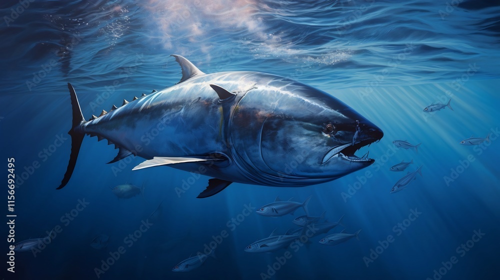 Fototapeta premium A large powerful Pacific bluefin tuna leads an intense feeding frenzy among a swirling school of smaller baitfish in a dynamic blue toned underwater seascape The tuna s streamlined