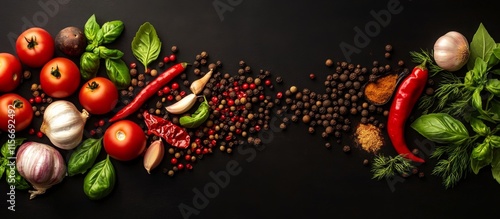 Fototapeta Naklejka Na Ścianę i Meble -  Vibrant Flat Lay of Various Ingredients, Spices, and food cooking background,