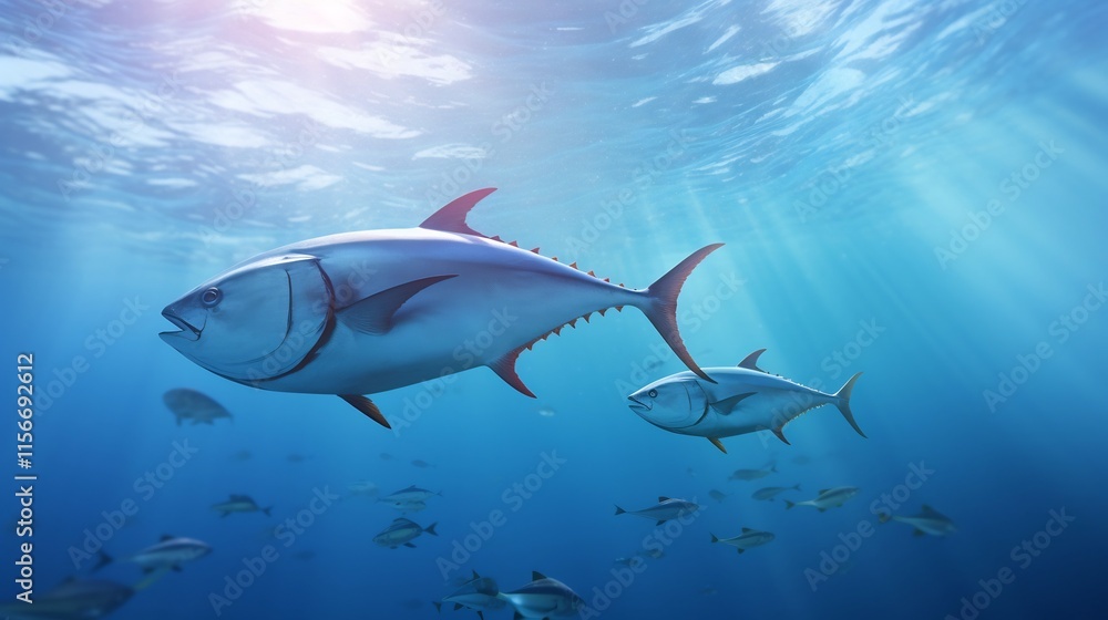 Two bigeye tuna swimming together in close proximity near an underwater ridge or reef formation in the deep blue ocean Two bigeye tuna swimming together in close proximity near an underwater ridge or reef formation in the deep blue ocean