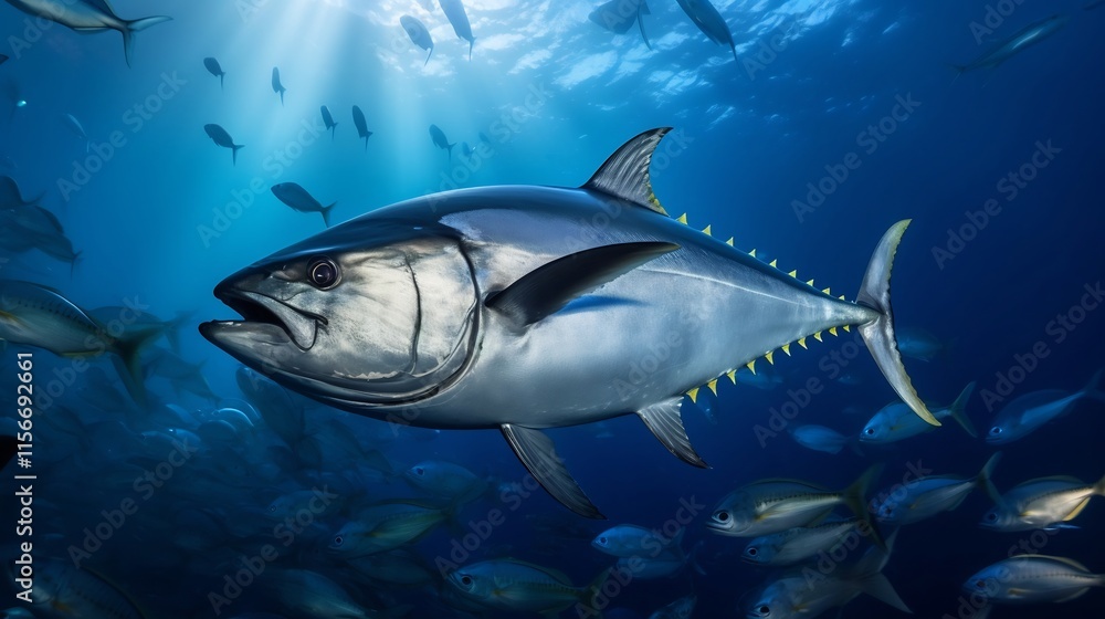 A blackfin tuna gracefully swimming through the rich marine biodiversity of a vibrant seamount ecosystem deep in the ocean A blackfin tuna gracefully swimming through the rich marine biodiversity of a vibrant seamount ecosystem deep in the ocean