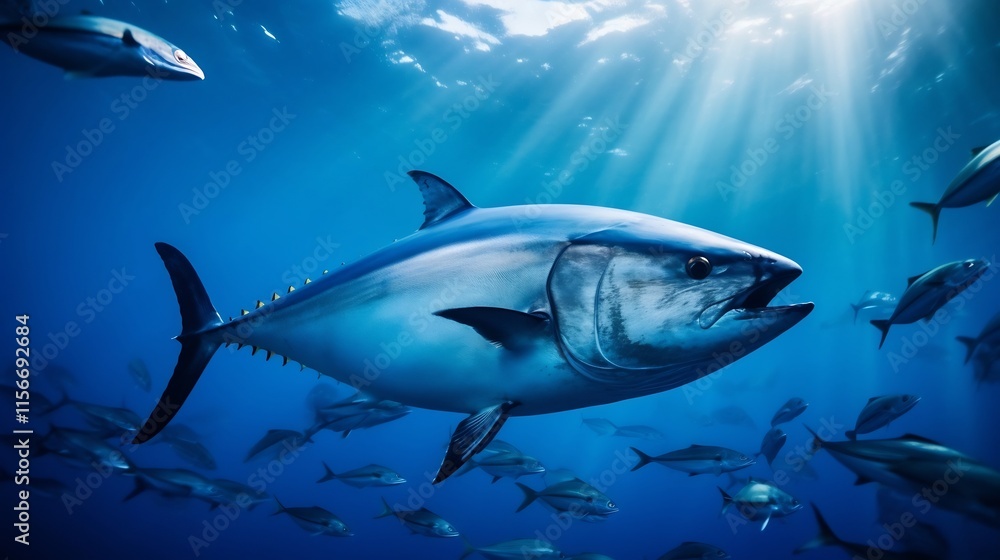 Fototapeta premium Majestic blackfin tuna swimming near a vibrant seamount teeming with diverse marine life in the depths of the tropical ocean