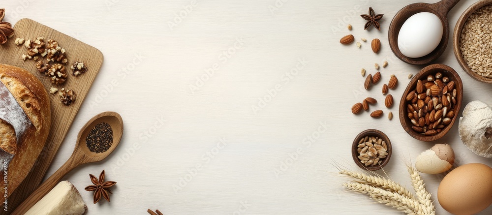 Baking ingredients and utensils on wooden background, featuring Photo of a variety Baking ingredients and utensils on wooden background, featuring Photo of a variety