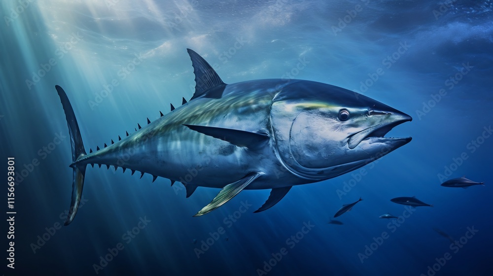 Fototapeta premium Dramatic leap of a powerful southern bluefin tuna with its dorsal fin extended showcasing the majestic and graceful motion of this apex predator in a vibrant oceanic seascape