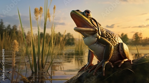 Bullfrog calling out vocalizing in a lush marshy wetland habitat during the evening hours  The frog s reflection can be seen in the calm water below as it perches on vegetation amid the tranquil photo