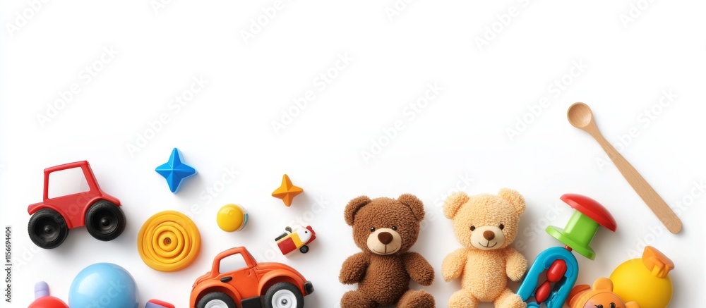 Fototapeta premium Colorful Toy Flat Lay with Teddy Bears, collection of baby